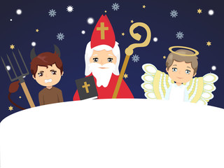 Cute St. Nicholas with devil and angel. Christmas invitation, card. Place for text