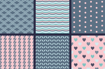 6 blue and pink seamless patterns for scrapbooks, greeting cards, wrapping paper, wallpaper,etc.