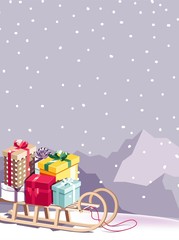 Merry Christmas and Happy New Year vector background with sled, gifts and mountains. Winter cartoon illustration