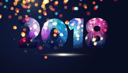 Happy new year 2018 text design. Greeting card design with numbers, lights and fireworks. Vector illustration