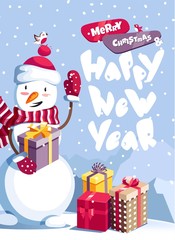 Merry Christmas and Happy New Year vector background with cute snowman and typographic design. Winter cartoon illustration