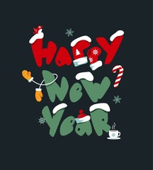 Merry Christmas and Happy New Year vector background with cute letters and holiday symbols. Winter cartoon illustration