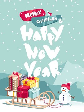 Merry Christmas and Happy New Year vector background with cute snowman and typographic design. Winter cartoon illustration