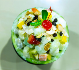 Very soft focus Useful homemade fruit salad, close-up