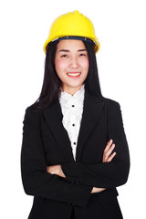 business woman engineer with crossed arms isolated on white background