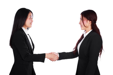 two business woman shaking hands isolated on white background