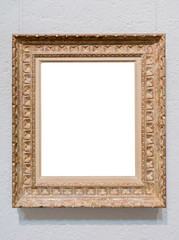 Vintage Old Wood Texture Picture Frame Interior Decoration Art Gallery Museum White Clipping Path Isolated Template White Wall Natural Shadows. For paintings, mirrors and photos.