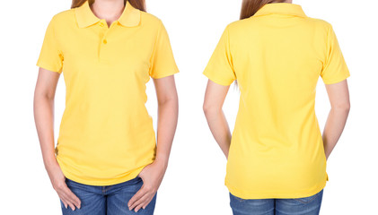 woman in yellow polo shirt isolated on white background