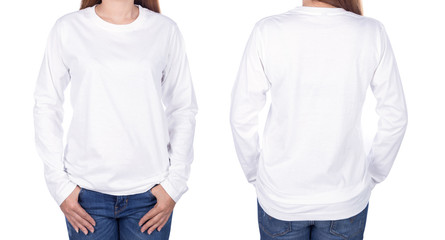 woman in white long sleeve t-shirt isolated on white background - Powered by Adobe