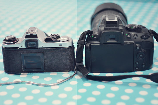 Cameras, Old And New.Film Camera And Digital Camera