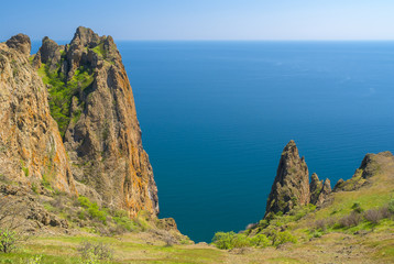 Fototapeta na wymiar Mysterious part of majestic Karadag volcanic mountain range in Eastern Crimea, on a Black Sea shore
