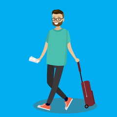 Cartoon caucasian passenger with suitcase walking,