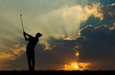 silhouette golfer playing golf during beautiful sunset