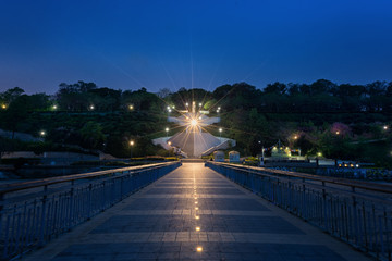 Before sunrise in Burgas bay. Bridge in Burgas, Bulgaria. Long exposure, blue hour. Kay port