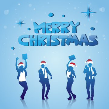Cheerful People Silhouettes Wearing Santa Hats Celebrating Merry Christmas Winter Holidays Poster Vector Illustration