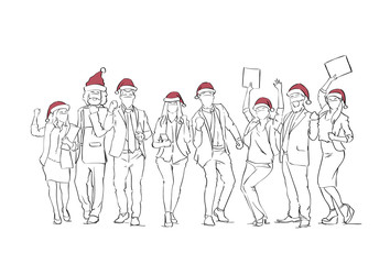 Fototapeta na wymiar Cheerful Group Of People Wearing Santa Hats Celebrating Merry Christmas Winter Holidays Human Sketches Vector Illustration
