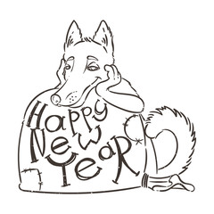 Yellow dog for New Year 2018, cute symbol of horoscope. Cute puppy in cartoon doodle style.