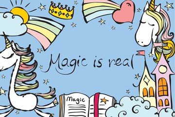 Magic unicorn card. Vintage vector typography poster with hand drawn text and unicorn