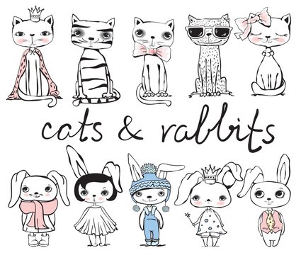 Cute hand drawn cats and rabbits