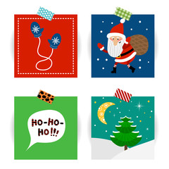 Set of Christmas cards. Vector illustrations of Santa Claus, mittens and Christmas tree.