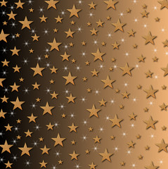 Christmas card, New Year holiday with golden stars and sparkles on a shaded black to yellow background