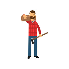 Cartoon lumberjack man standing with big log on his shoulder and holding ax in hand