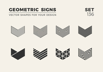 Set of eight minimalistic trendy shapes. Stylish vector logo emblems for Your design. Simple geometric signs collection.
