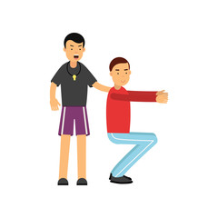 Fitness trainer holds training session with young man, guy doing squat