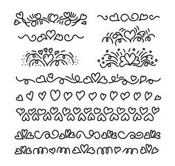 Lines and decorative elements made of handdrawn hearts with loops ans spirals. For brushes, valentine and wedding decorative elements, dividing lines, cards. Black and white vector illustration.