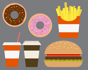 Flat design illustration of a fast food meal with food and drink, isolated on gray background