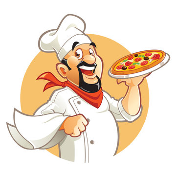 Smiling Pizza Chef cartoon character holding a tray with pizza