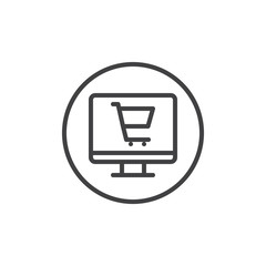 Computer screen with shopping cart line icon, outline vector sign, linear style pictogram isolated on white. Trolley on display symbol, logo illustration. Editable stroke