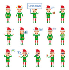Set of female Christmas elf characters showing different actions. Cheerful elf girl sleeping, dazed, singing, dancing and showing other actions. Flat style vector illustration