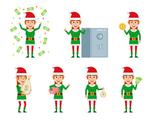 Set of female Christmas elf characters posing with money in different situations. Cheerful elf girl holding money bag, piggy bank, coin and showing other actions. Flat style vector illustration