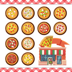 Vector - Pizza flat icons isolated on white background. Pizza shop pizzeria ingredient food menu illustration collection isolated on white. Different vegan meat seafood