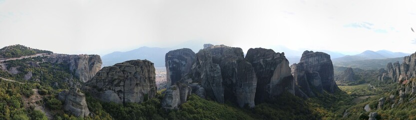 Panoramic view of the rocks and monasteries of Meteora, Greece