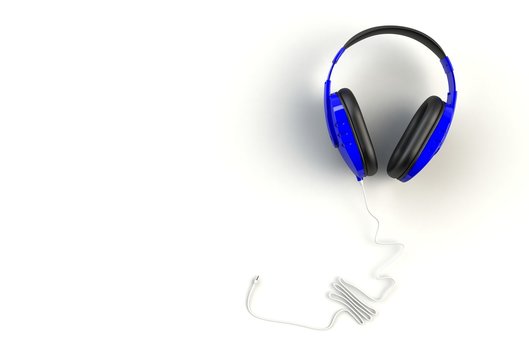 Blue headphones on white background, Top view with copyspace for your text, 3D rendering