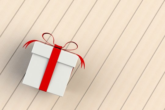 Christmas And New Year's Day ,red White Gift Box Isolated On Wooden Board, 3D Rendering