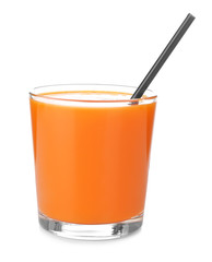 Glass of fresh juice on white background