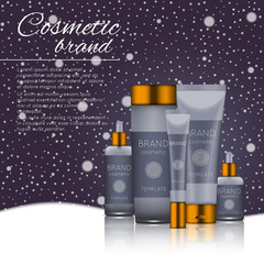 Vector 3D cosmetic illustration on a winter snowing background. Beauty realistic cosmetic product design template.