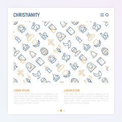 Christianity concept with thin line icons of priest, church, nun, crucifixion, Jesus, bible, dove. Vector illustration for banner, web page, print media.