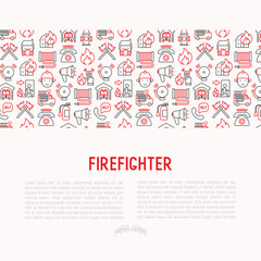 Fototapeta na wymiar Firefighter concept with thin line icons: fire, extinguisher, axes, hose, hydrant. Modern vector illustration for banner, web page, print media.