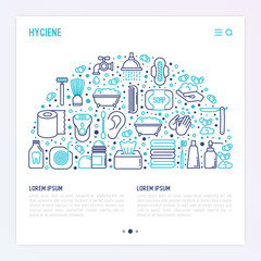 Hygiene concept in half circle with thin line icons: hand soap, shower, bathtub, toothpaste, razor, shaving brush, sanitary napkin, comb, ball deodorant, mouth rinse. Vector illustration.
