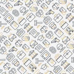 Law and justice seamless pattern with thin line icons: judge, policeman, lawyer, fingerprint, jury, agreement, witness, scales. Vector illustration for banner, web page, print media.