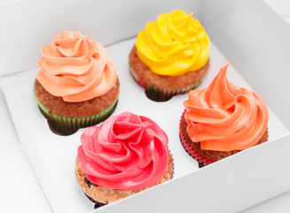 Tasty colorful cupcakes in box