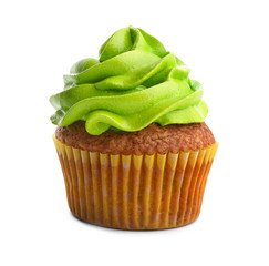 Tasty colorful cupcake on white background