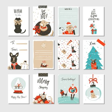 Hand drawn vector abstract fun Merry Christmas time cartoon cards collection set with cute illustrations,surprise gift boxes ,Xmas mammal dogs and modern calligraphy isolated on white background