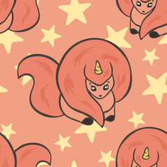 Unicorn seamless pattern isolated on pink background. Vector image of pink fluffy unicorn. Simple design of magic fantasy animal, flat cartoon. Dream symbol Design for children. Illustration for print