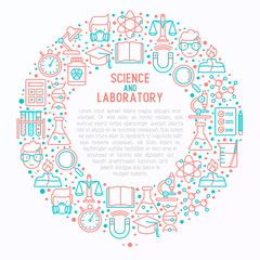 Science and laboratory concept in circle with thin line icons of scientist, dna, microscope, scales, magnet, respirator, spirit lamp. Vector illustration for banner, web page, print media.