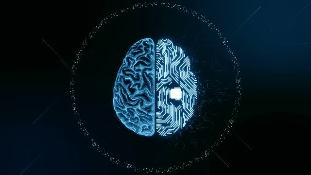 Artificial intelligence (AI) brain animation, data mining, deep learning modern computer technologies concepts. Brain representing artificial intelligence with printed circuit board (PCB) design.